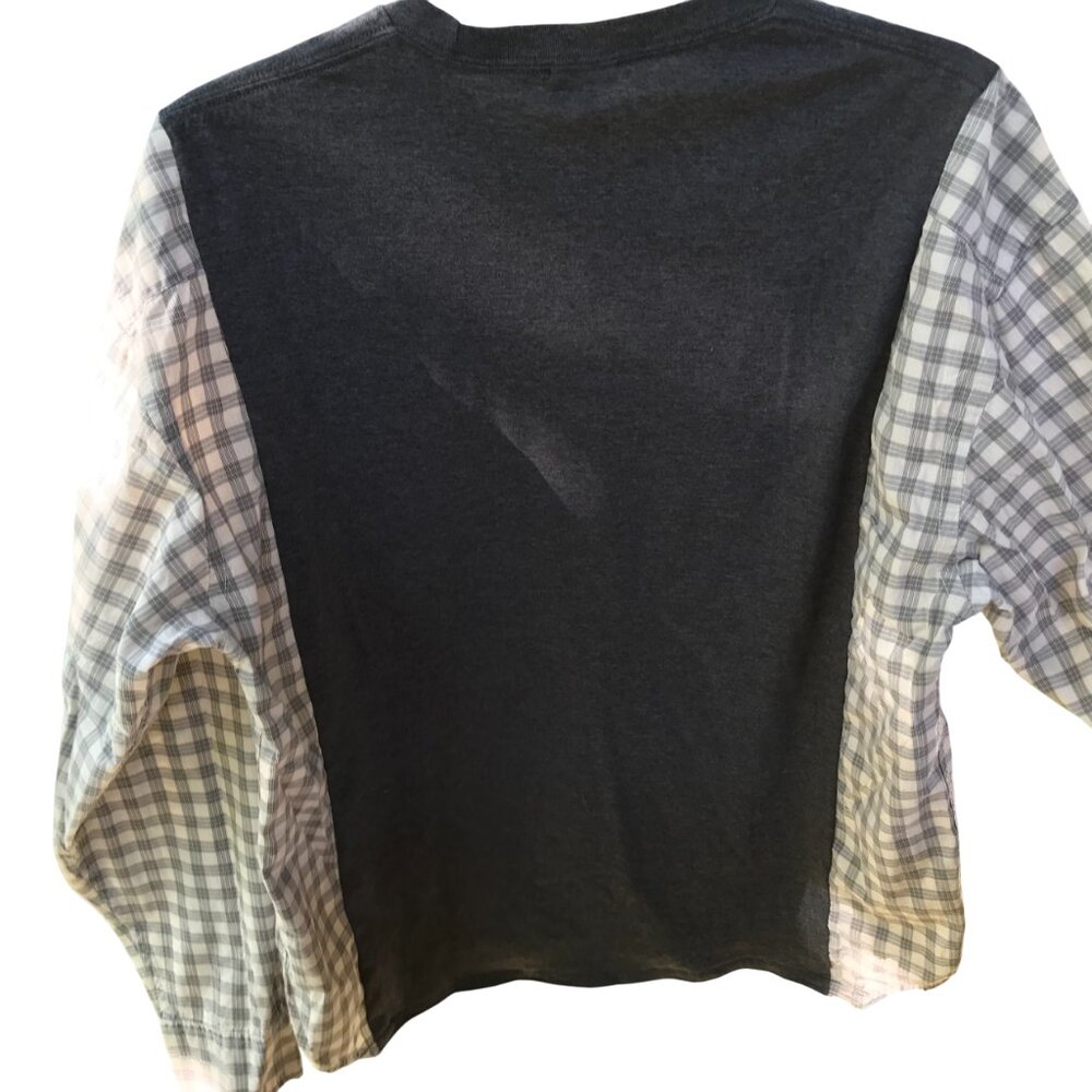 Upcycled Reworked Graphic T-Shirt, Saxophone Theme Plaid Shirt, Size S - M - Picture 4 of 12
